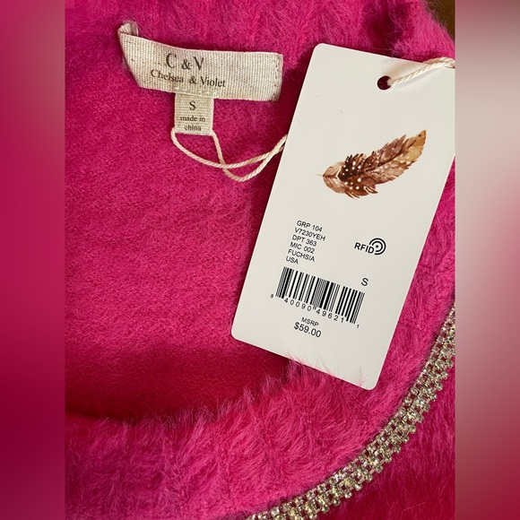 C&V Chelsea & Violet
Fuzzy Rhinestone Neckline Sweater Color Fuchsia-Size S NWT - Picture 6 of 10